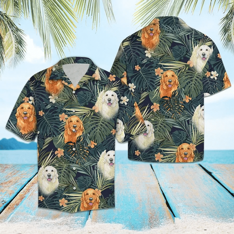 Golden Retriever Behind Tropical Plant Green Theme Hawaiian Shirt, Hawaiian Shirt Gift, Christmas Gift