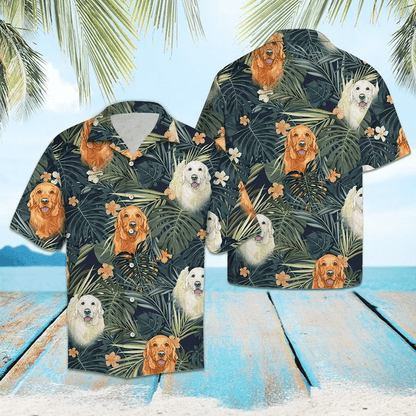 Golden Retriever Behind Tropical Plant Green Theme Hawaiian Shirt, Hawaiian Shirt Gift, Christmas Gift