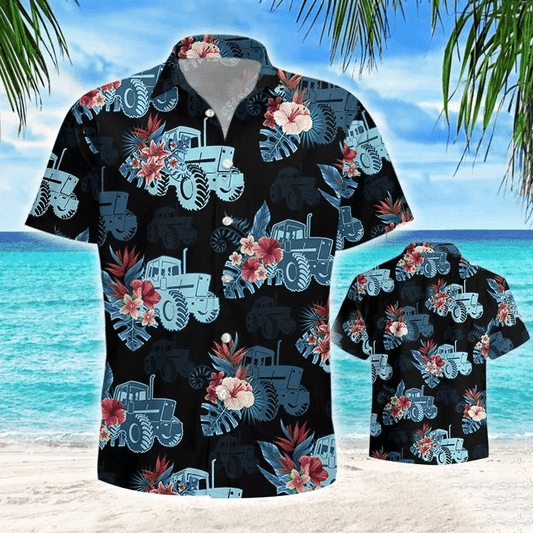 Farming Tractor With Flower Dark Blue Theme Hawaiian Shirt, Hawaiian Shirt Gift, Christmas Gift