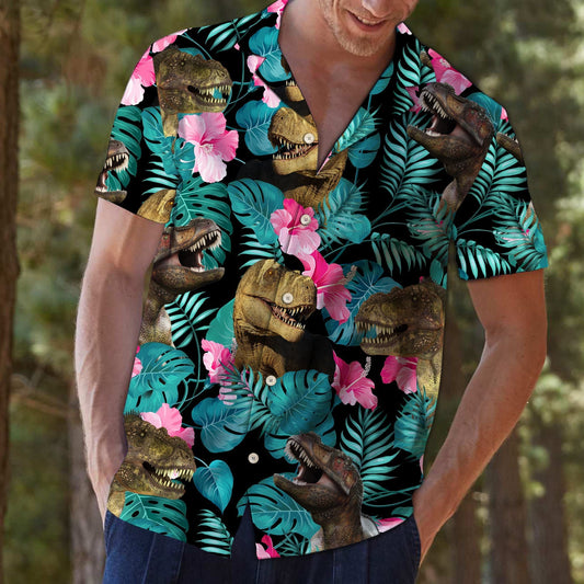 T-rex In Jungle With Pink Hibiscus Design Hawaiian Shirt, Hawaiian Shirt Gift, Christmas Gift