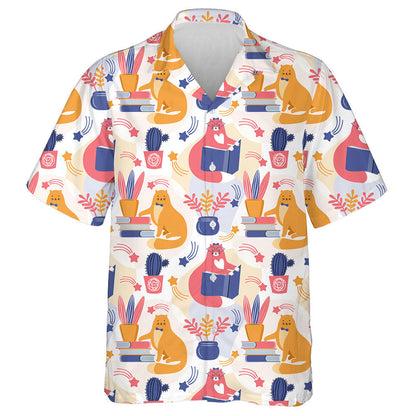 Smart Pink And Orange Cat Reading A Book Hawaiian Shirt, Hawaiian Shirt Gift, Christmas Gift