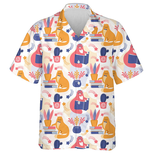 Smart Pink And Orange Cat Reading A Book Hawaiian Shirt, Hawaiian Shirt Gift, Christmas Gift