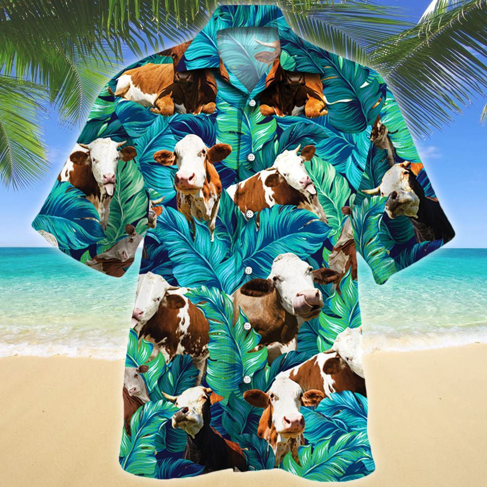 Simmental Cute Cattle Hawaiian Shirt Blue And Green Tropical Leave, Hawaiian Shirt Gift, Christmas Gift