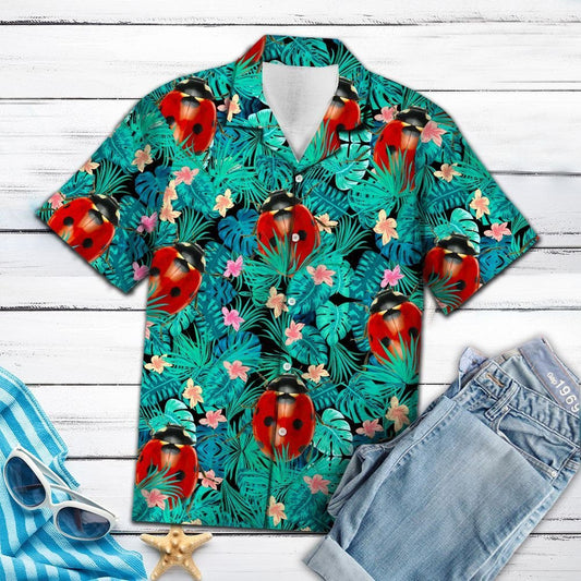 Ladybug Tropical Palm Leaves Summer Vacation Themed Hawaiian Shirt, Hawaiian Shirt Gift, Christmas Gift