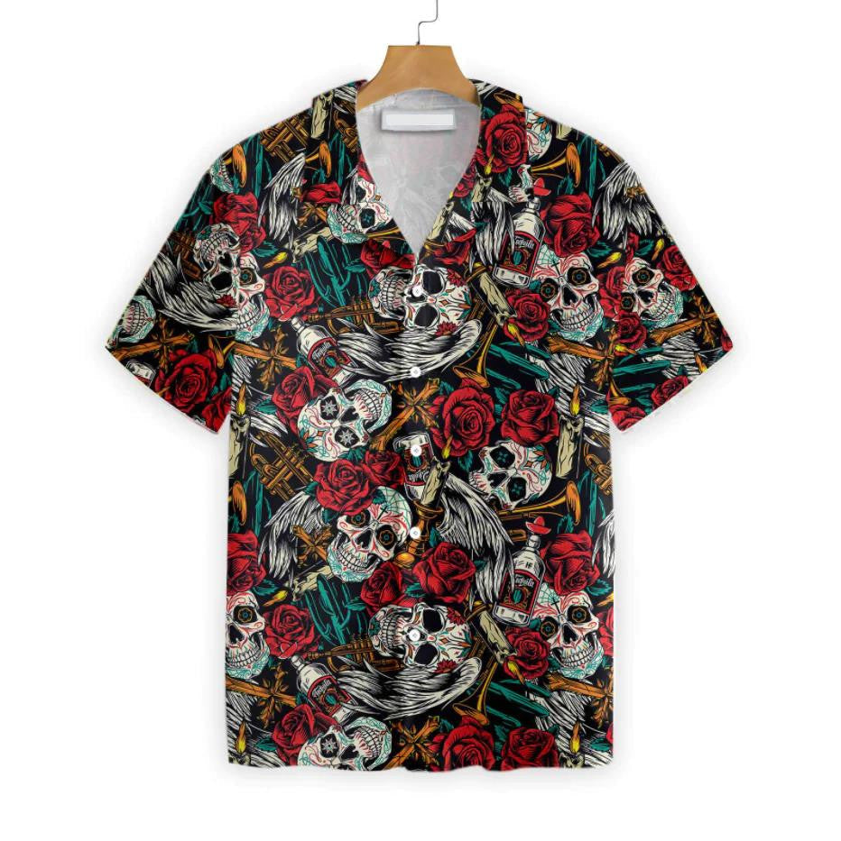 Day Of The Dead Skull With Red Roses Pattern Hawaiian Shirt, Hawaiian Shirt Gift, Christmas Gift