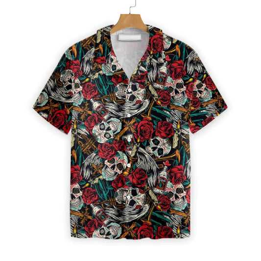 Day Of The Dead Skull With Red Roses Pattern Hawaiian Shirt, Hawaiian Shirt Gift, Christmas Gift