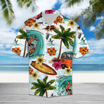 Surfing Beach Palm Trees And Plumeria Design Hawaiian Shirt, Hawaiian Shirt Gift, Christmas Gift
