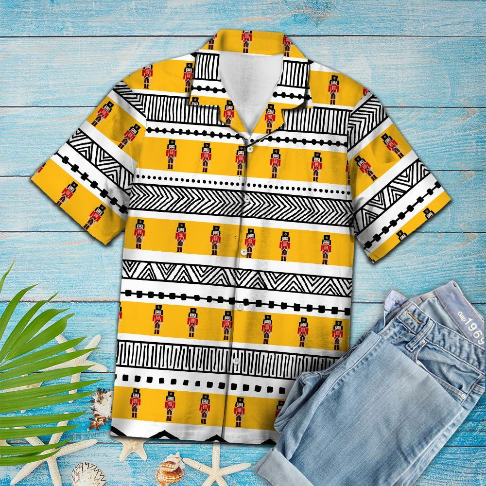 Nutcracker In Yellow Black And White Lines Hawaiian Shirt,Hawaiian Shirt Gift, Christmas Gift