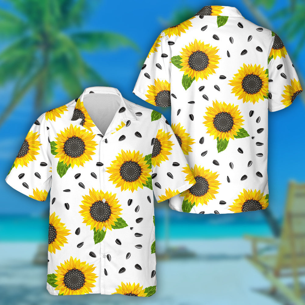 Blooming Yellow Sunflower Green Leaves And Seeds Pattern Hawaiian Shirt, Hawaiian Shirt Gift, Christmas Gift