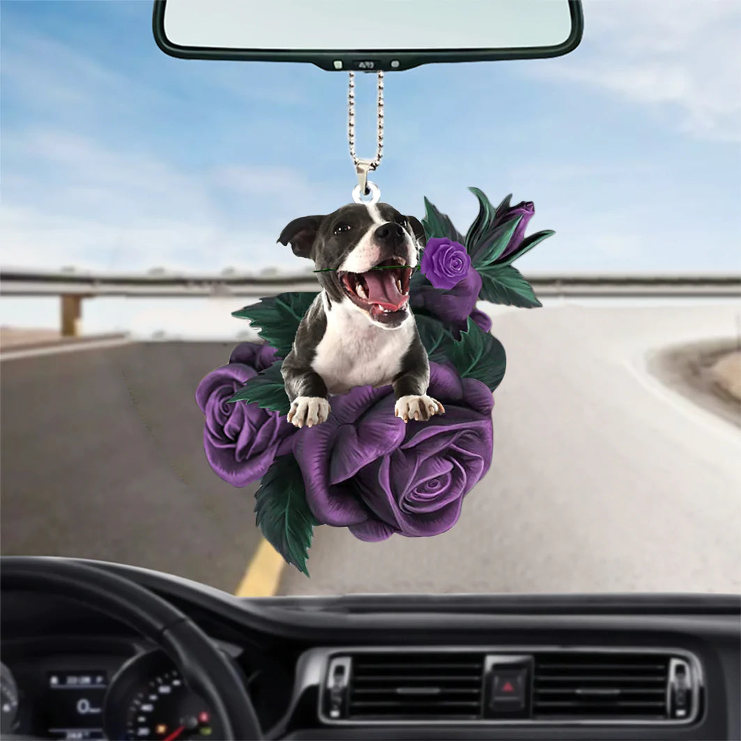 Staffordshire Bull Terrier In Purple Rose Car Hanging Ornament, Dog Hanging Ornament For Auto, Christmas Decoration