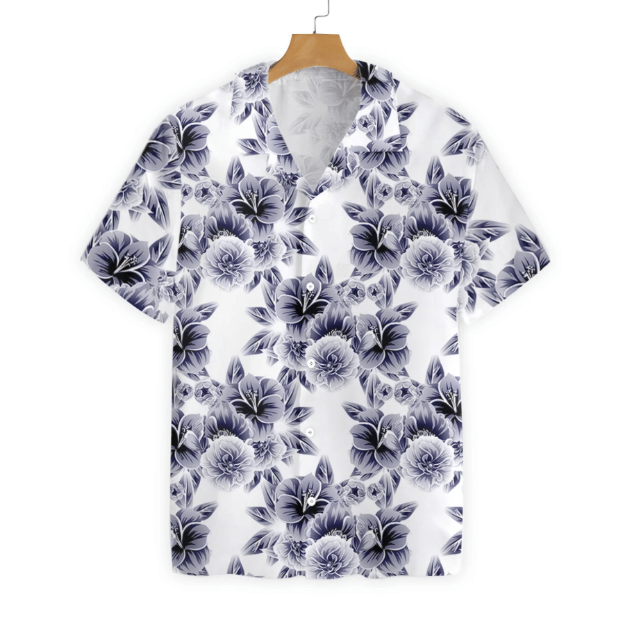 Black Flower On White Background Pattern Hawaiian Shirt, Hawaiian For Gift