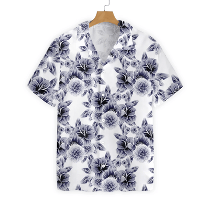 Black Flower On White Background Pattern Hawaiian Shirt, Hawaiian For Gift