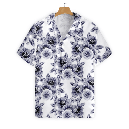 Black Flower On White Background Pattern Hawaiian Shirt, Hawaiian For Gift