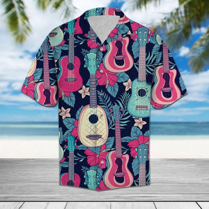 Amazing Guitar And Tropical Plants Pattern Hawaiian Shirt, Hawaiian For Gift