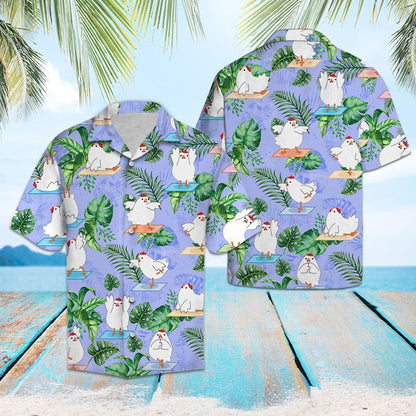 Chicken Yoga Dance With Tropical Leaves Pattern Hawaiian Shirt, Hawaiian Shirt Gift, Christmas Gift
