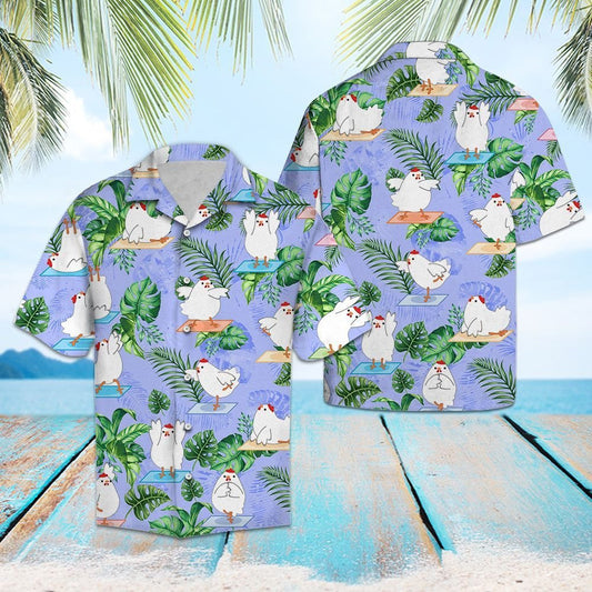 Chicken Yoga Dance With Tropical Leaves Pattern Hawaiian Shirt, Hawaiian Shirt Gift, Christmas Gift