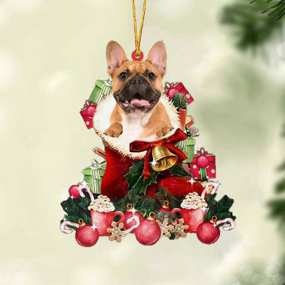 brown French Bulldog-Red Boot Hanging Christmas Plastic Hanging Ornament, Happy Christmas Ornament, Christmas Gift, Christmas Decoration