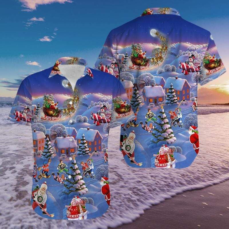 Hockey And Santa Claus Christmas Hawaiian Shirt, Hawaiian For Gift