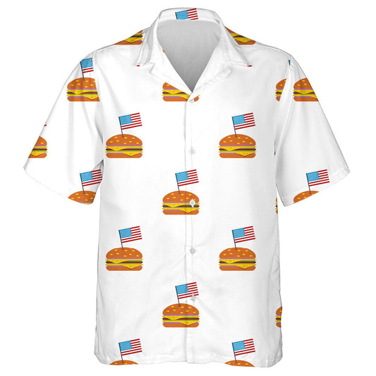 Delicious Cheese Hamburger With Mini American Flag Pattern Hawaiian Shirt, Hawaiian Shirt Gift, Christmas Gift