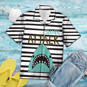 Shark Attack Black And White Horizontal Stripes Hawaiian Shirt, Hawaiian Shirt Gift, Christmas Gift