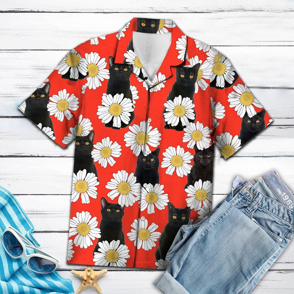 Funny Black Cat Daisy Summer Vacation Red Pattern Hawaiian Shirt, Hawaiian Shirt Gift, Christmas Gift