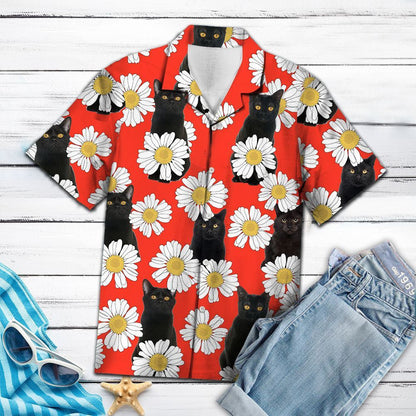 Funny Black Cat Daisy Summer Vacation Red Pattern Hawaiian Shirt, Hawaiian Shirt Gift, Christmas Gift