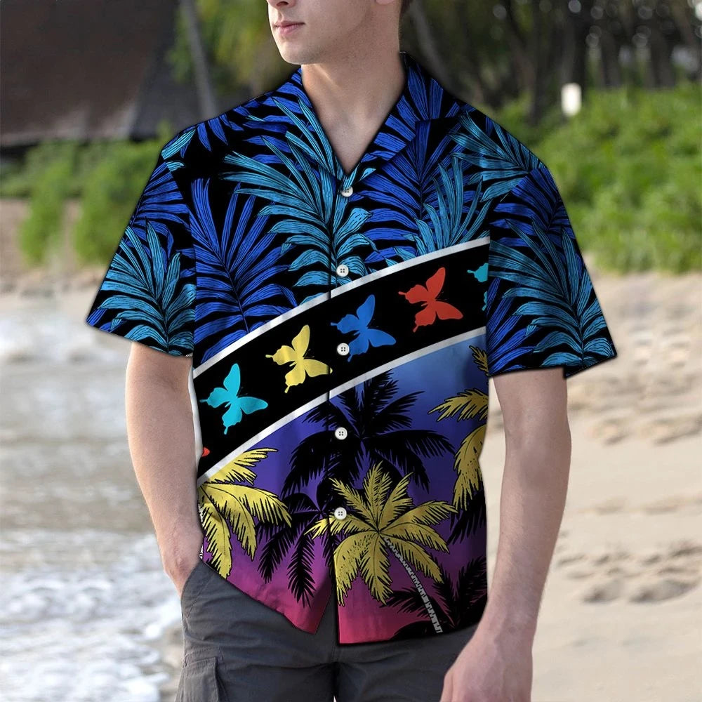 Awesome Vacation Tropical Coconut Palm Butterflies Stripes Pattern Hawaiian Shirt, Hawaiian Shirt Gift, Christmas Gift