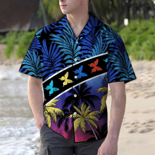 Awesome Vacation Tropical Coconut Palm Butterflies Stripes Pattern Hawaiian Shirt, Hawaiian Shirt Gift, Christmas Gift