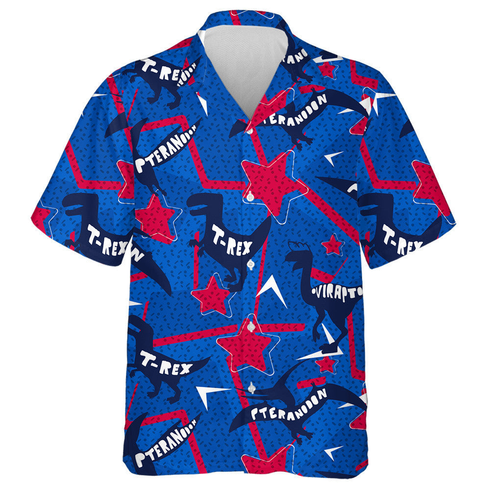 Modern Red And Blue Star Background With Different Dinosaur Hawaiian Shirt, Hawaiian Shirt Gift, Christmas Gift