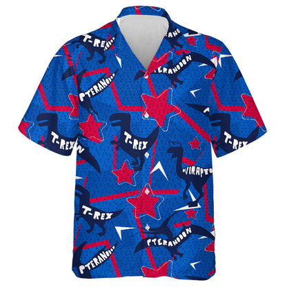 Modern Red And Blue Star Background With Different Dinosaur Hawaiian Shirt, Hawaiian Shirt Gift, Christmas Gift