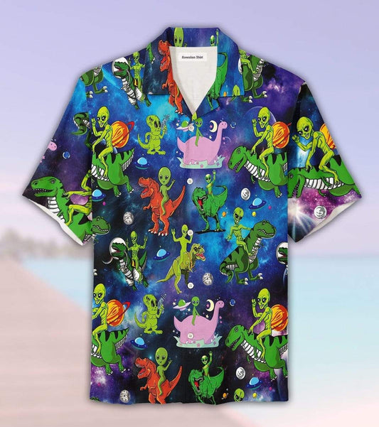 Hippie Trippy Alien Riding Dinosaur Tie Dye Hawaiian Shirt, Hawaiian Shirt Gift, Christmas Gift