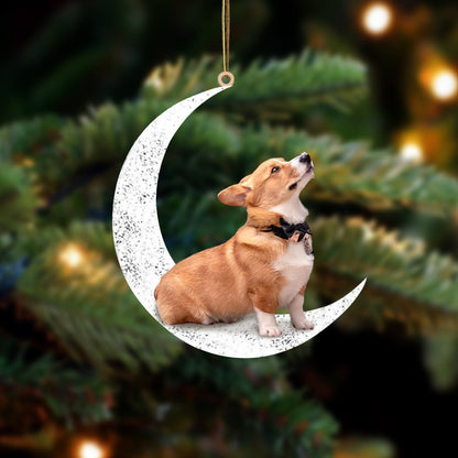 Corgi-Sit On The Moon-Two Sided Christmas Plastic Hanging Ornament, Christmas Decoration