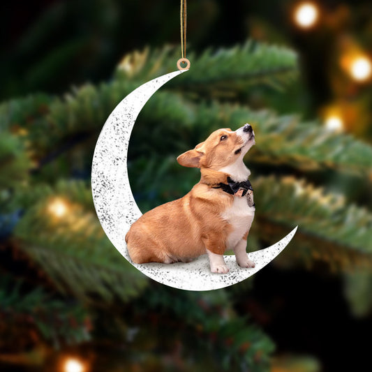 Corgi-Sit On The Moon-Two Sided Christmas Plastic Hanging Ornament, Christmas Decoration