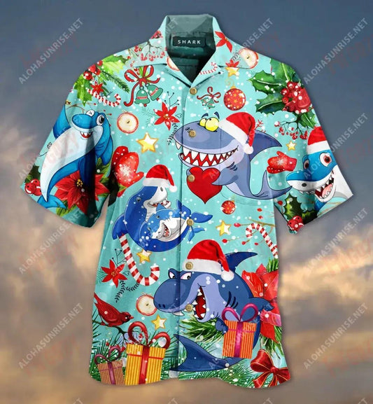 Sharks Give Christmas Gifts Short Short Sleeve Shirt Vacation Hawaiian T Shirts Hawaiian Crazy Shirts Hawaiian Shirts For Women, Hawaiian Shirt Gift, Christmas Gift