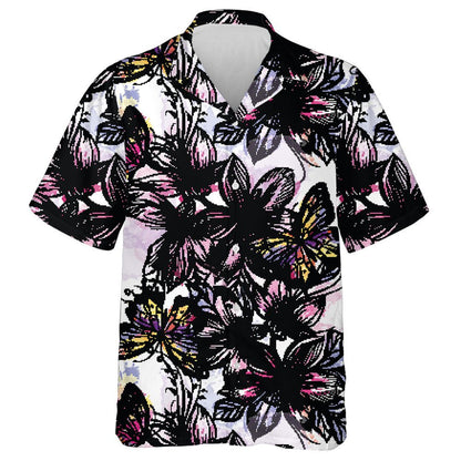 Theme Butterfly With Engraved Flowers And Watercolor Spots Hawaiian Shirt, Hawaiian Shirt Gift, Christmas Gift