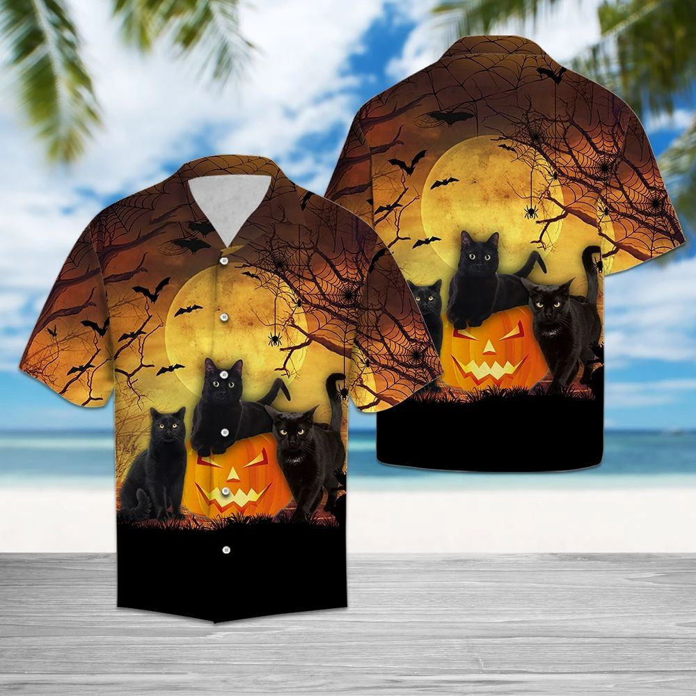 Black Cat Group And Pumpkin Halloween Moonlight Themed Hawaiian Shirt, Hawaiian Shirt Gift, Christmas Gift