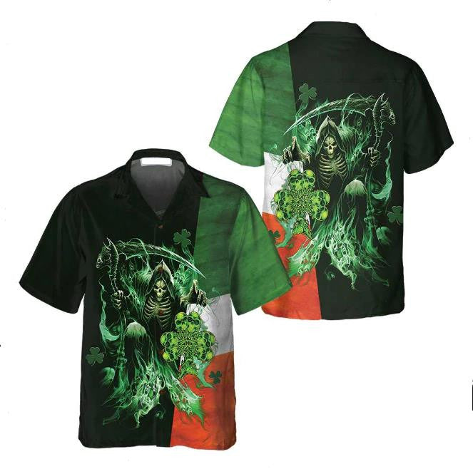 Irish Grim Reaper Skull Clovers Dark Green Theme Hawaiian Shirt, Hawaiian Shirt Gift, Christmas Gift