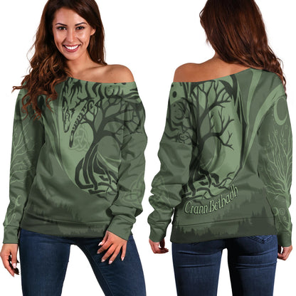 Celtic Tree of Life with Wolf Spirit Off Shoulder Sweater Crescent Crann Bethadh, Christmas Ugly Sweater, Christmas Gift, Gift Christmas 2024