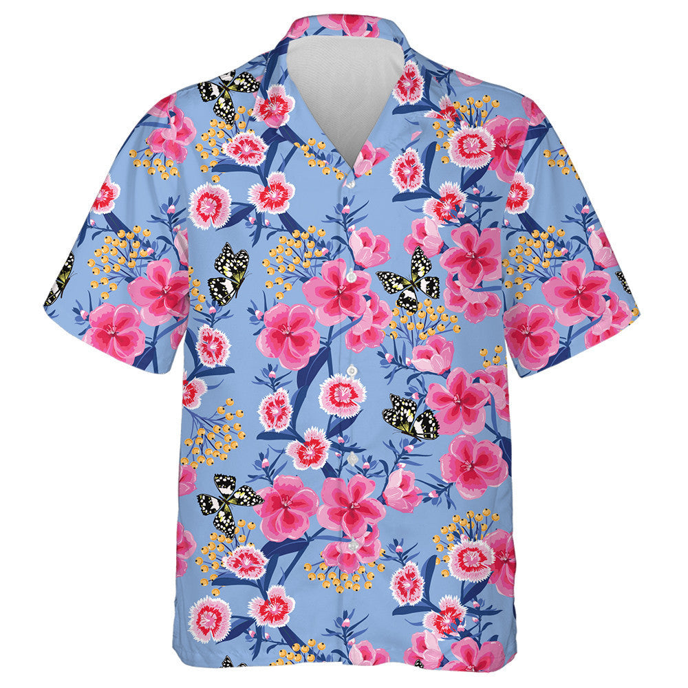 Spring Theme Sweet Blooming Pink Meadow And Butterfly Hawaiian Shirt, Hawaiian Shirt Gift, Christmas Gift