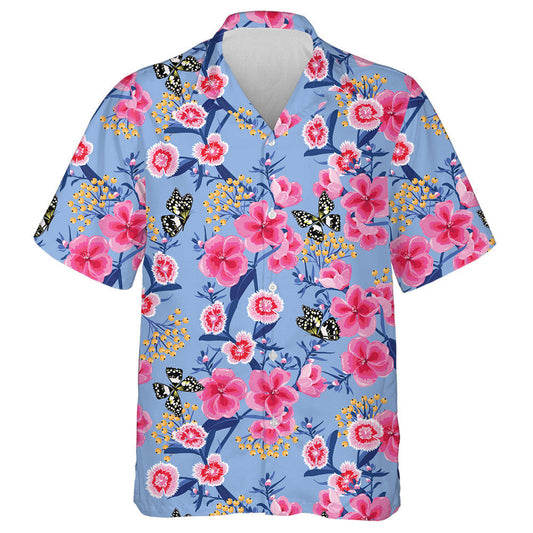 Spring Theme Sweet Blooming Pink Meadow And Butterfly Hawaiian Shirt, Hawaiian Shirt Gift, Christmas Gift