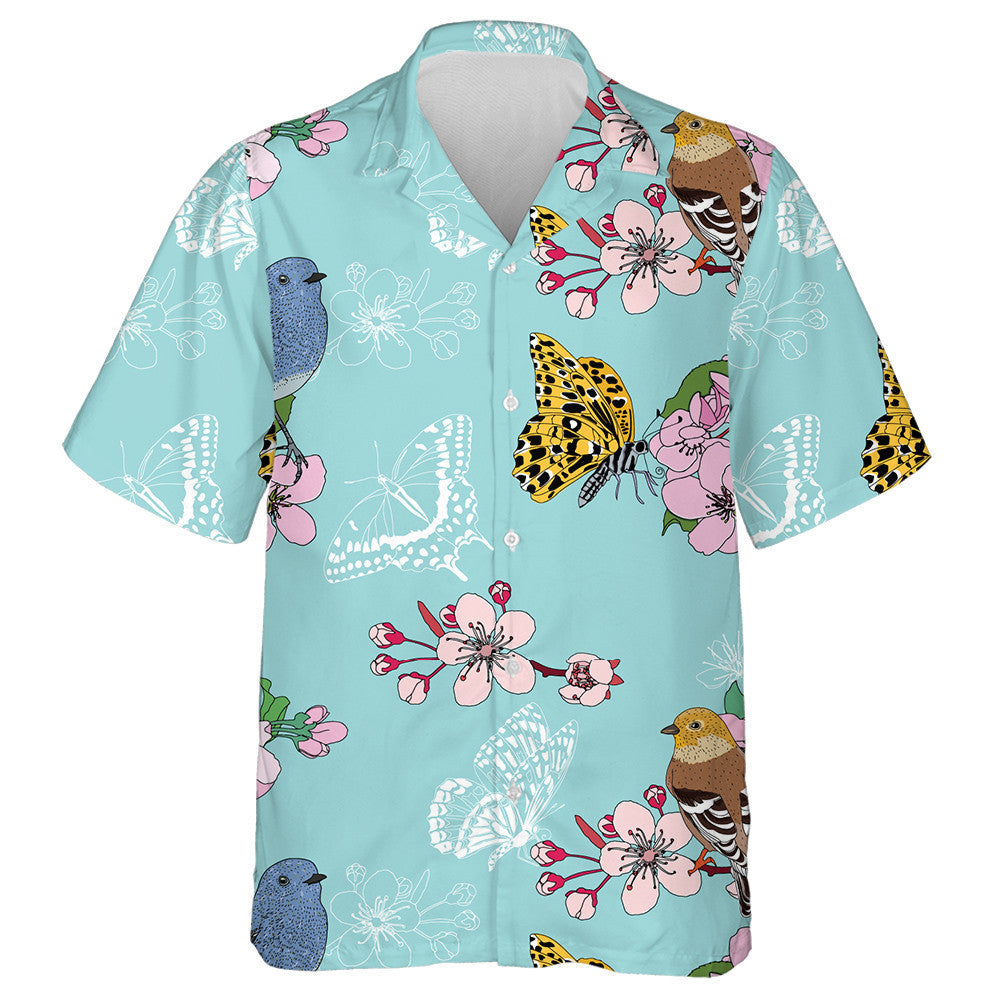 Hand Drawn Cherry Blossom And Butterflies Hawaiian Shirt, Hawaiian For Gift