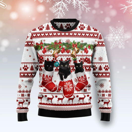 Black Cat Gloves Merry Christmas unisex womens & mens, couples matching, friends, funny family ugly christmas holiday sweater gifts