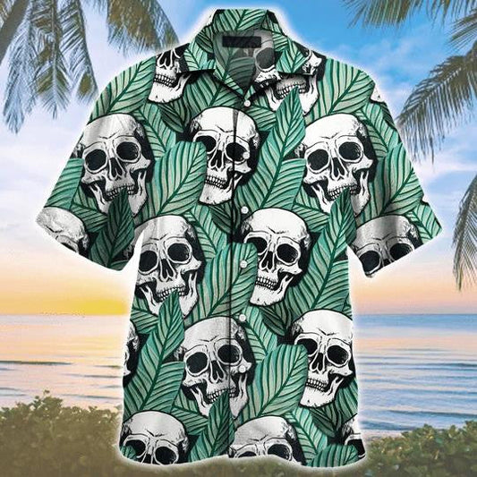 Tropical Skull And Green Leaf Seamless Pattern Hawaiian Shirt, Hawaiian Shirt Gift, Christmas Gift