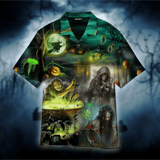 Halloween Witch House And Green Magic Dramatic Hawaiian Shirt, Hawaiian Shirt Gift, Christmas Gift