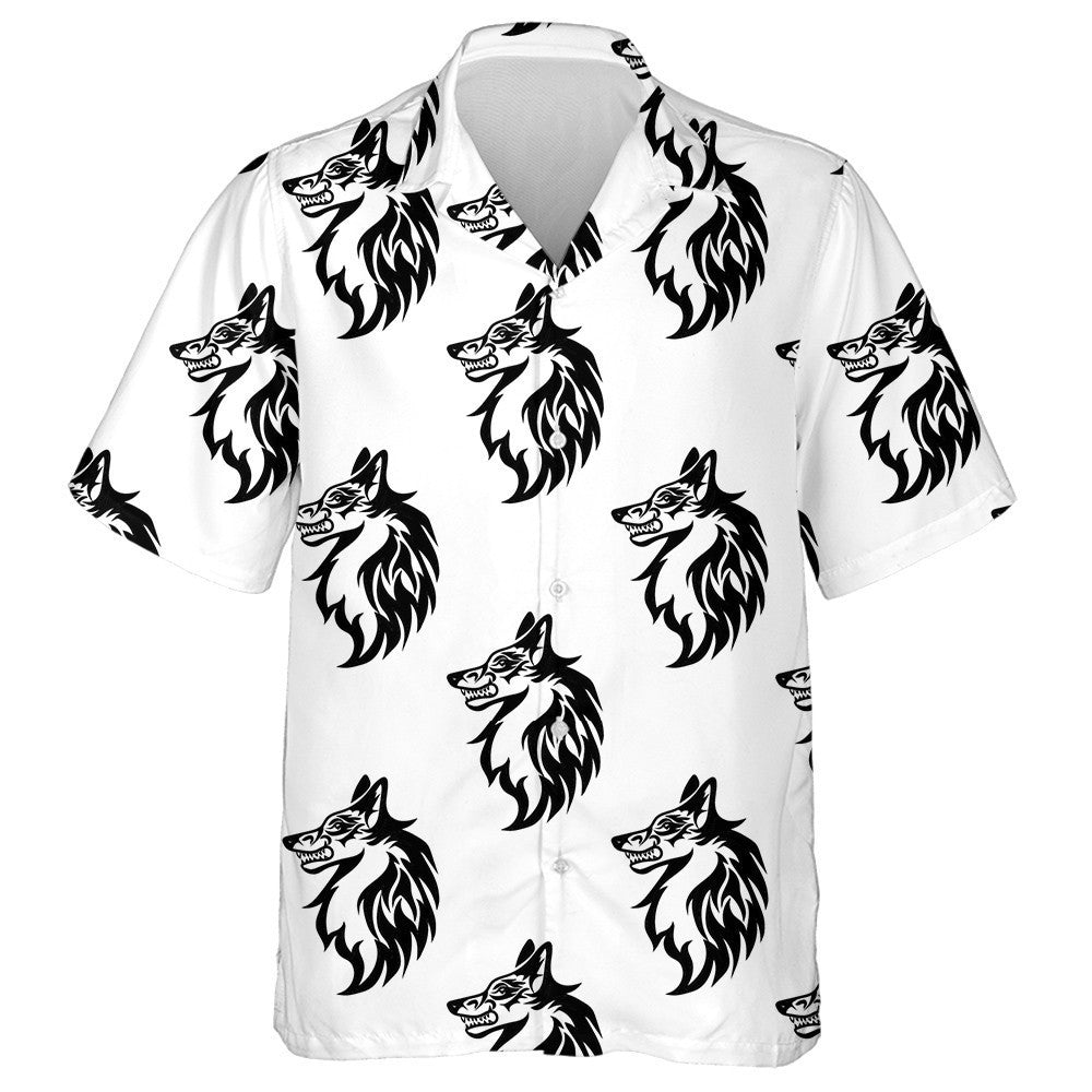 Black And White Face Of Wolf Traditional Tattoo Hawaiian Shirt, Hawaiian Shirt Gift, Christmas Gift