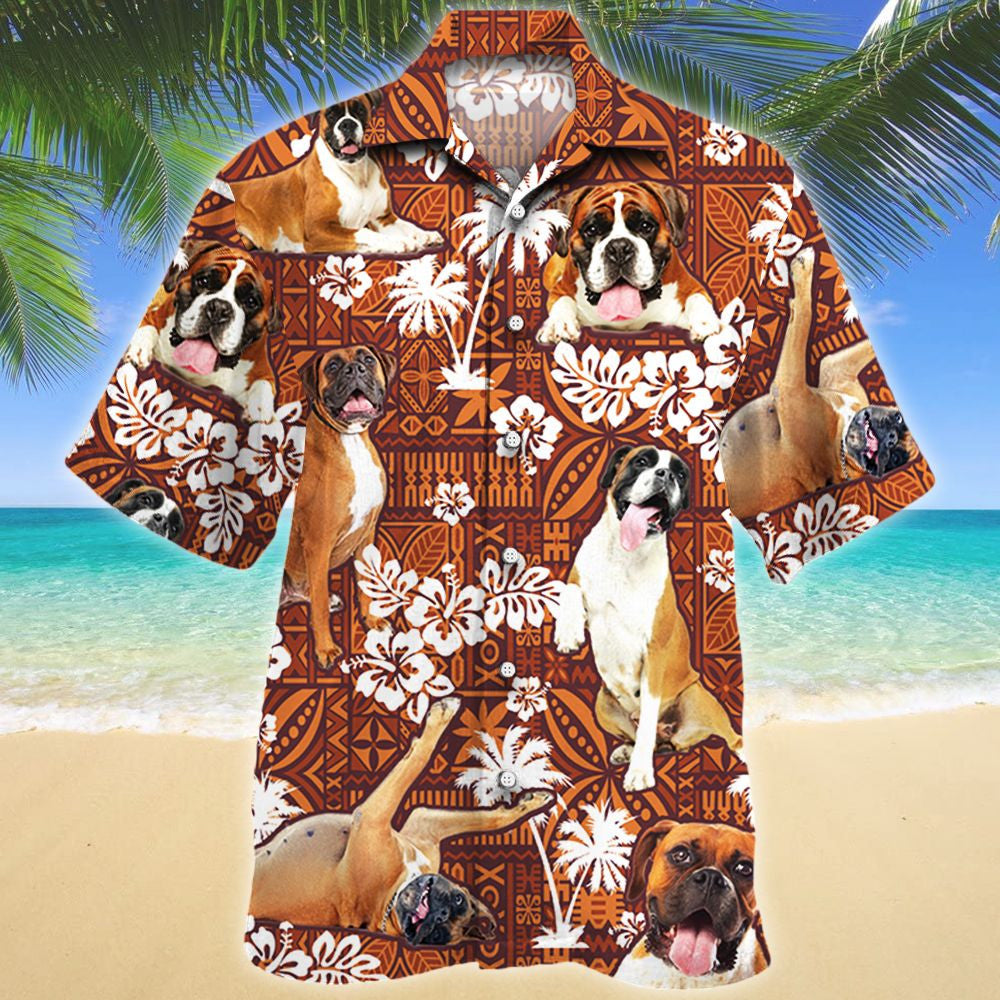 Boxer Dog Red Tribal And White Hibiscus Pattern Hawaiian Shirt, Hawaiian Shirt Gift, Christmas Gift