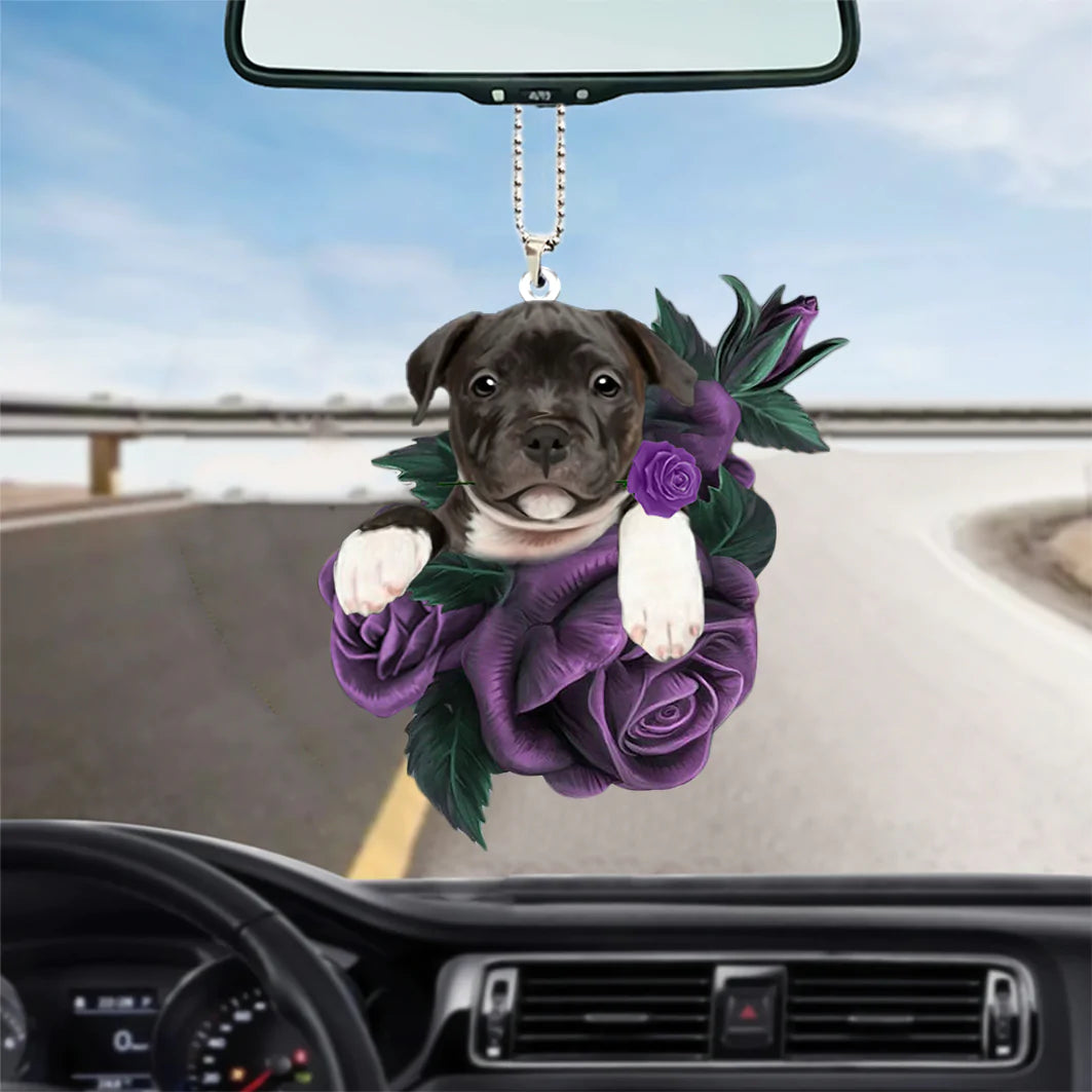 Staffordshire Bull Terrier In Purple Rose Car Hanging Ornament, Dog Ornament For Car, Christmas Decoration