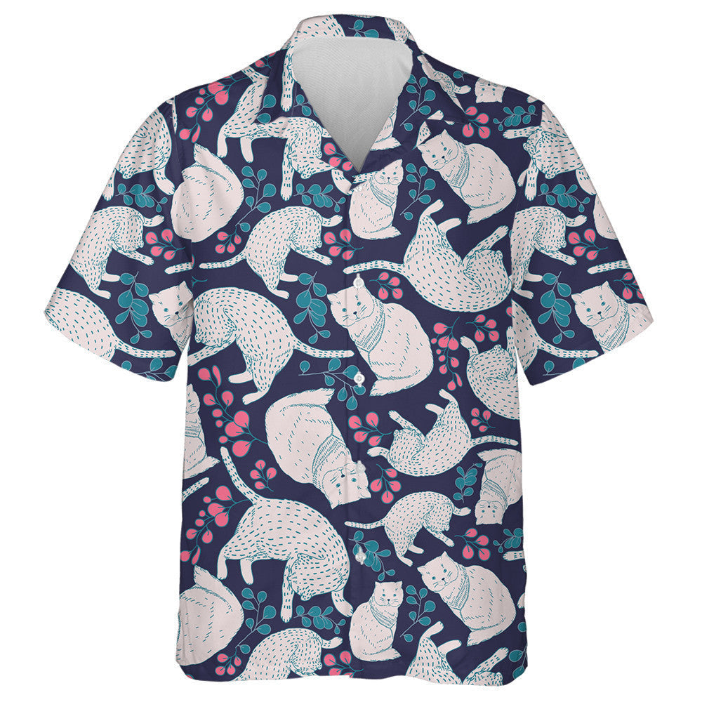 Floral Elements And Cartoon White Cats Hawaiian Shirt,Hawaiian Shirt Gift, Christmas Gift