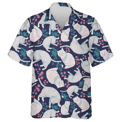 Floral Elements And Cartoon White Cats Hawaiian Shirt,Hawaiian Shirt Gift, Christmas Gift