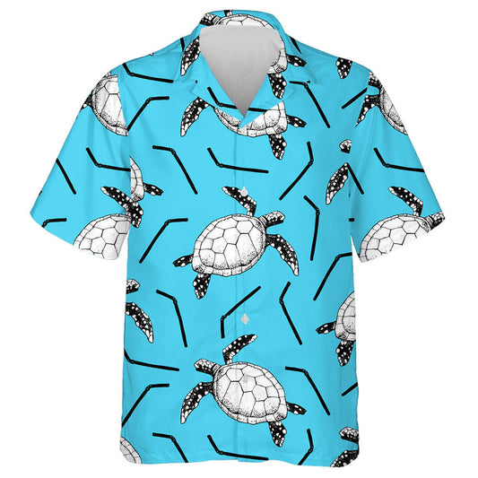 Hand Drawn Sea Turtles And Plastic Straws Hawaiian Shirt, Hawaiian Shirt Gift, Christmas Gift